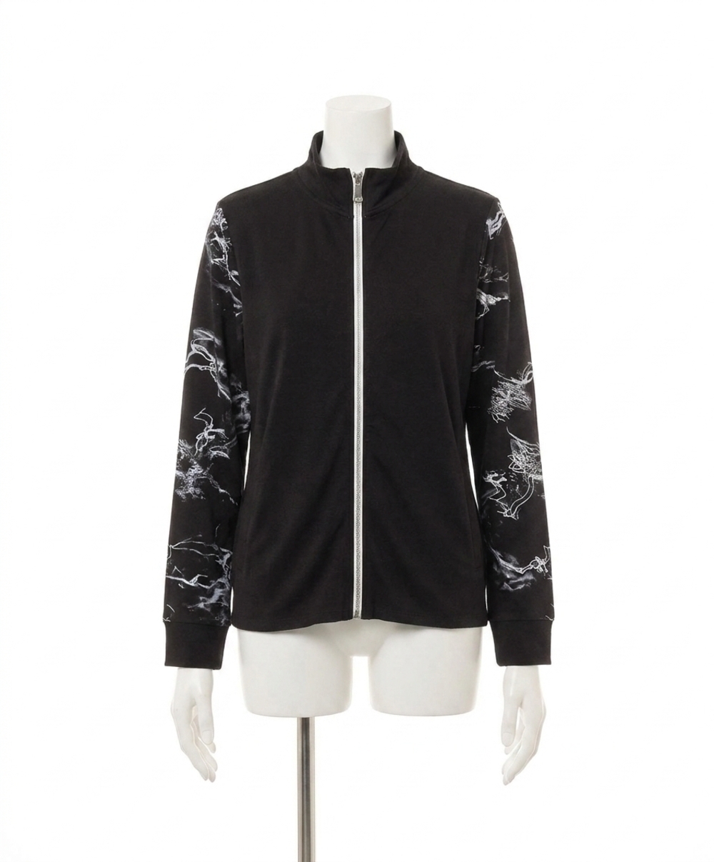NEW FRENCH KYSS abstract print zip up bomber jacket in black/white